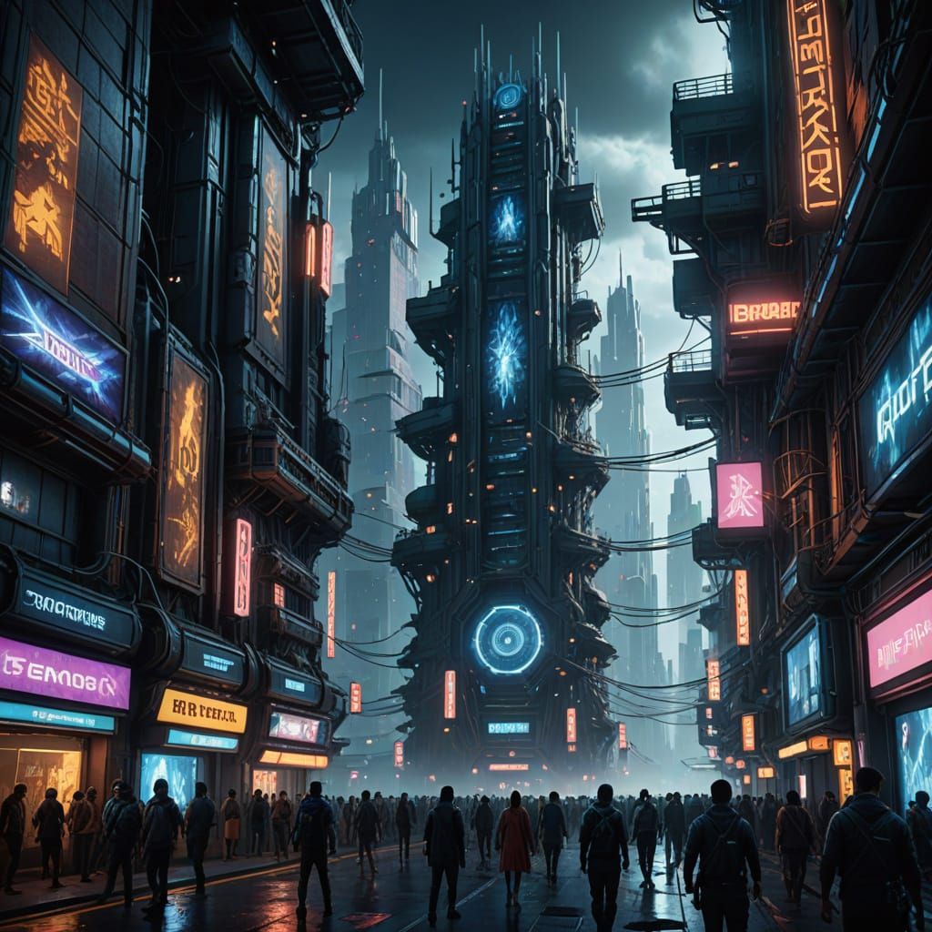 Cyberpunk Hive City with Luminescent Ads