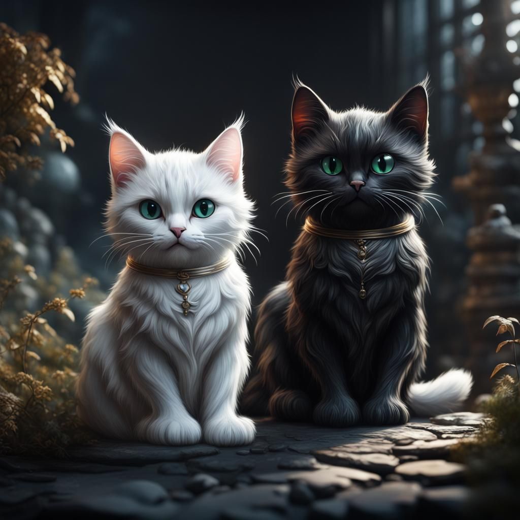Twin Cats in Detailed Matte Painting Style