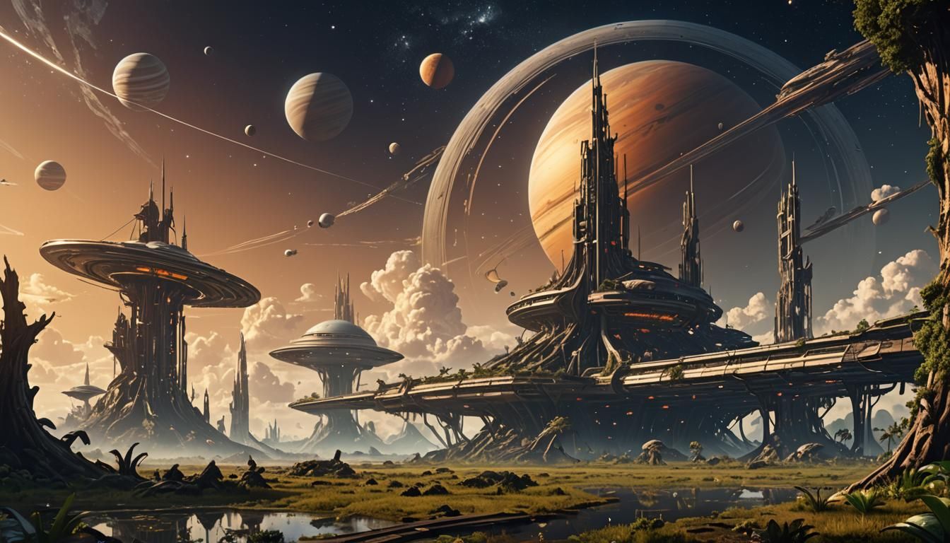 Spaceport in Swamp with Saturn, Cel-Shaded Anime Art