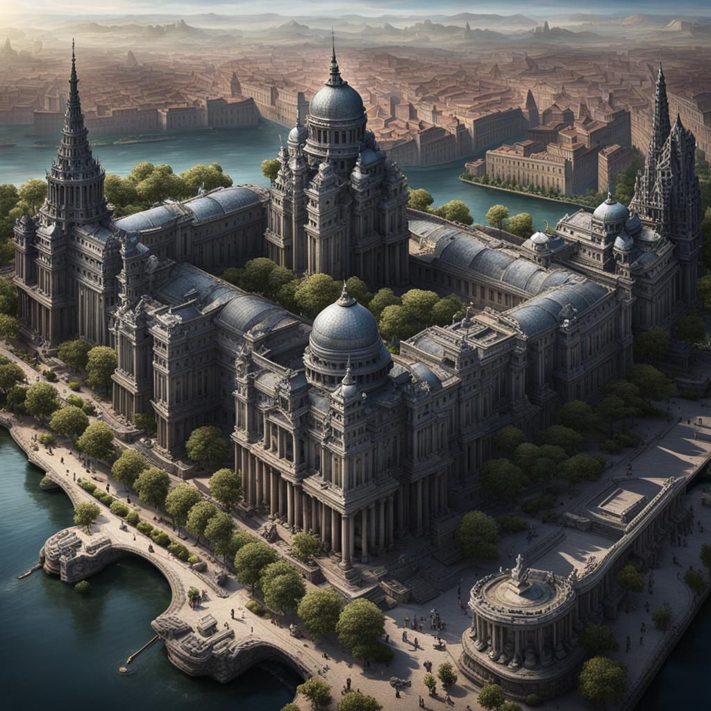 Ancient Black Stone City on a River