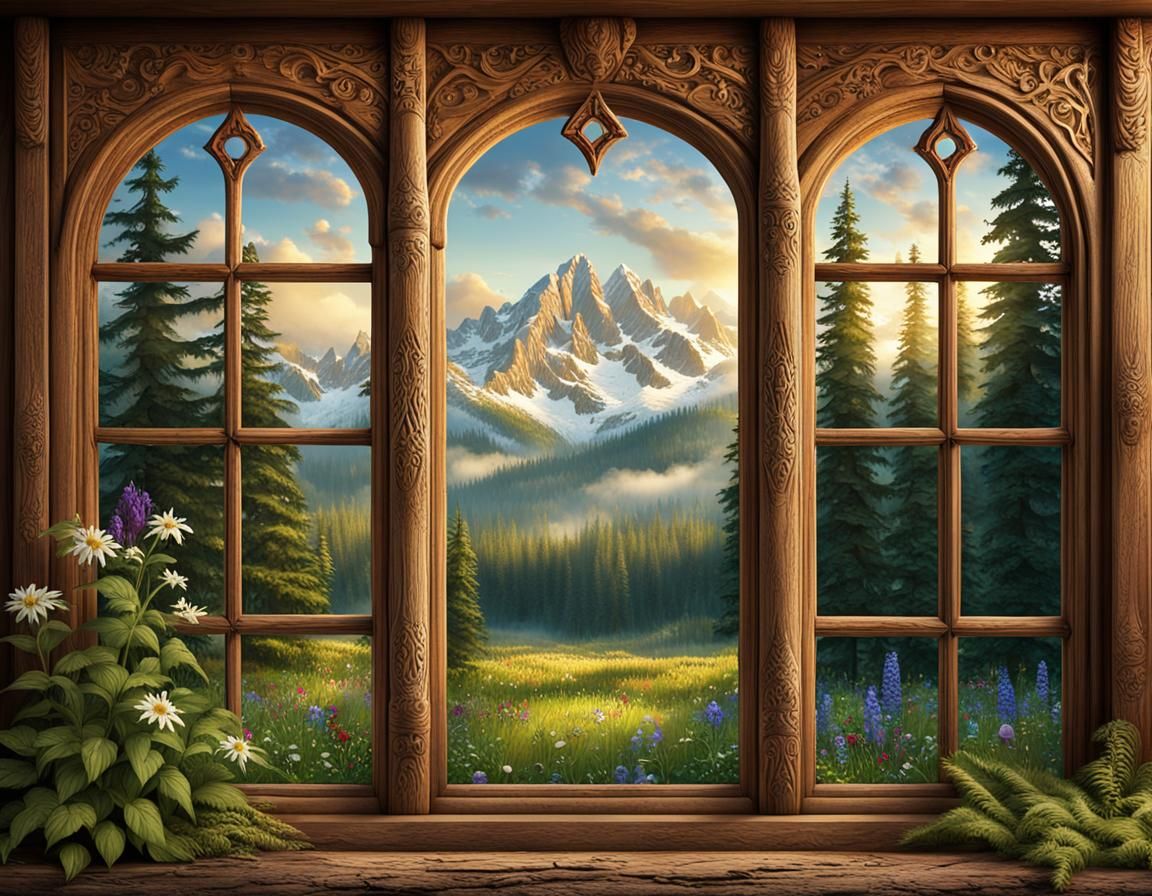 Ornate Window Reveals Winter Vista in Summer Forest