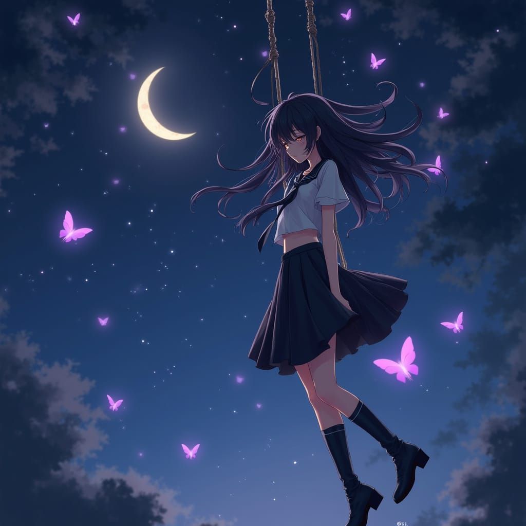 Ethereal Dream Girl Soars in Nocturnal Sky