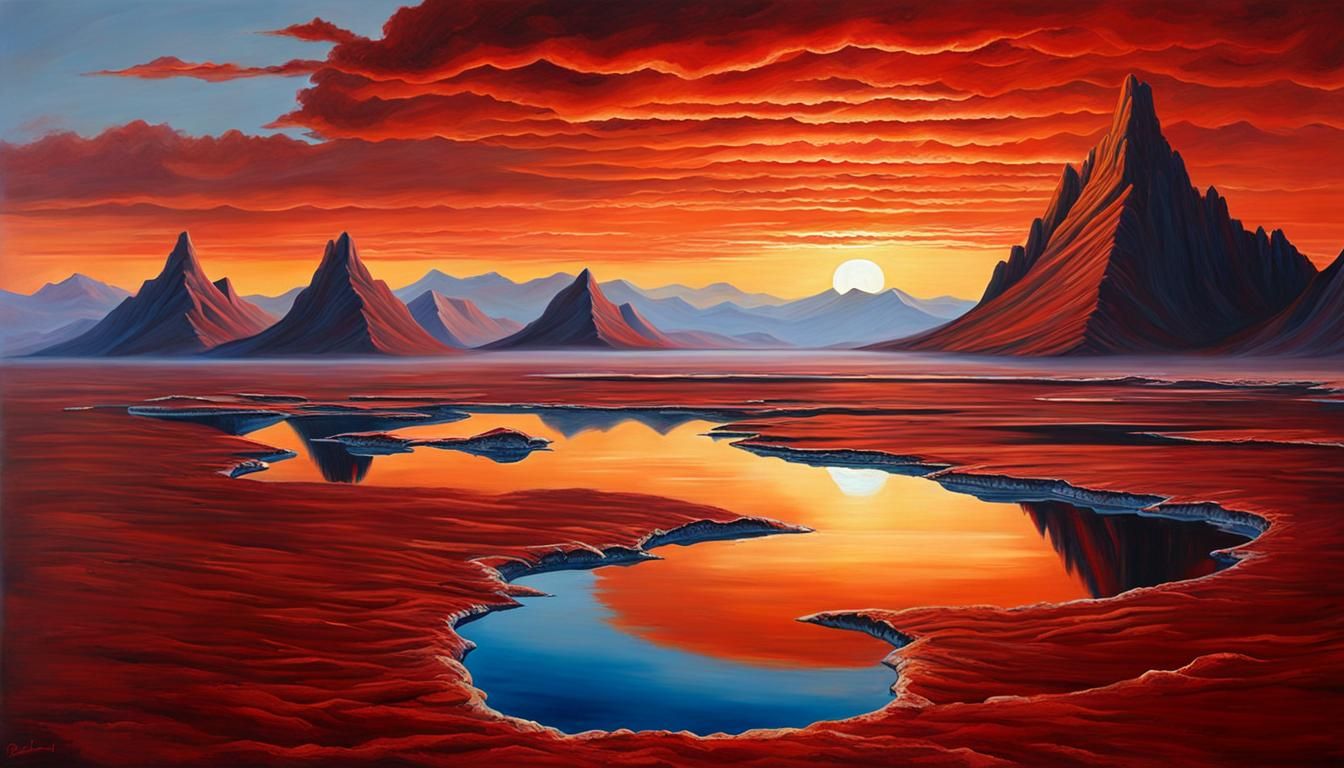 Alien Sunset: Red Mountains in Oil Paint Style
