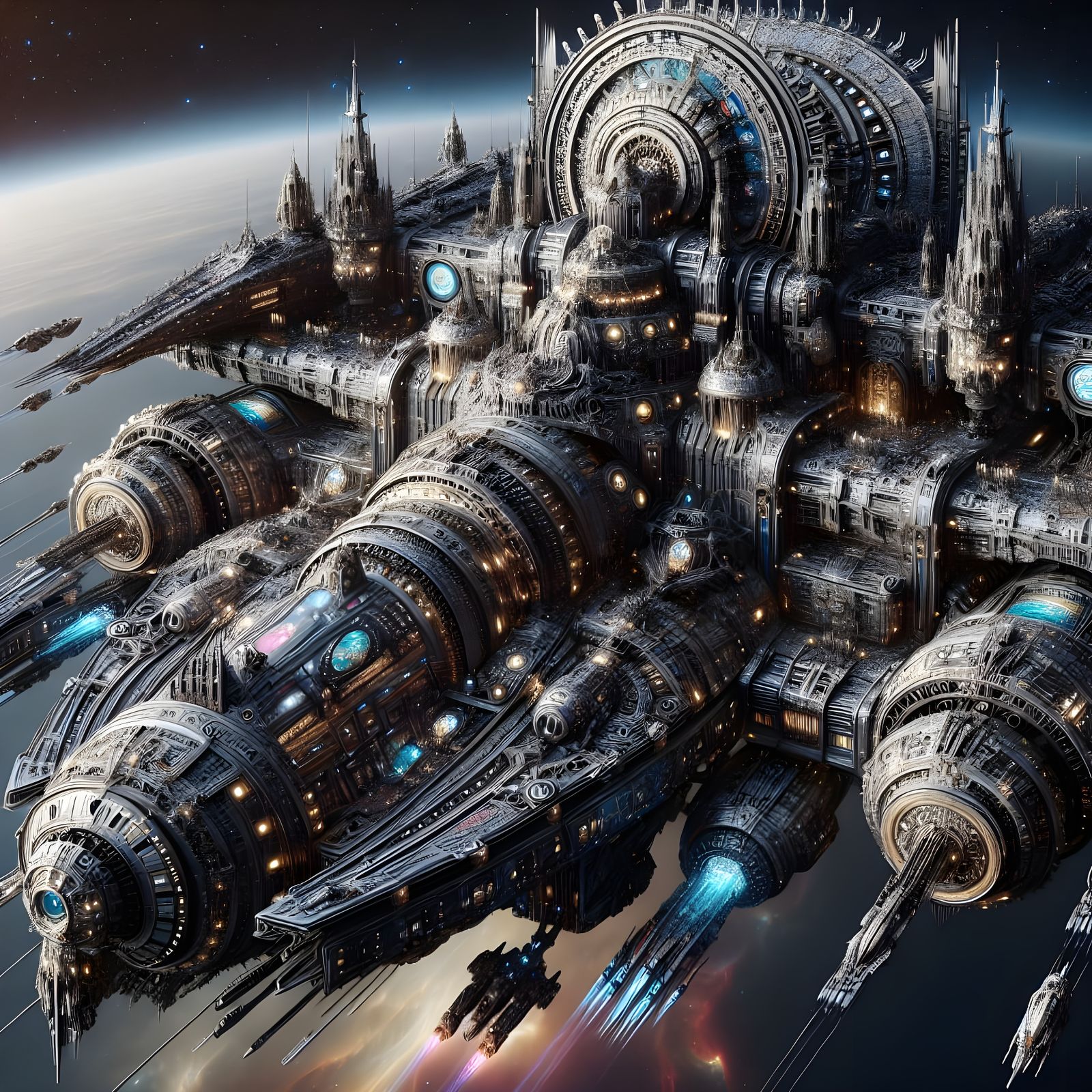 Gothic Space Battleship in Deep Space