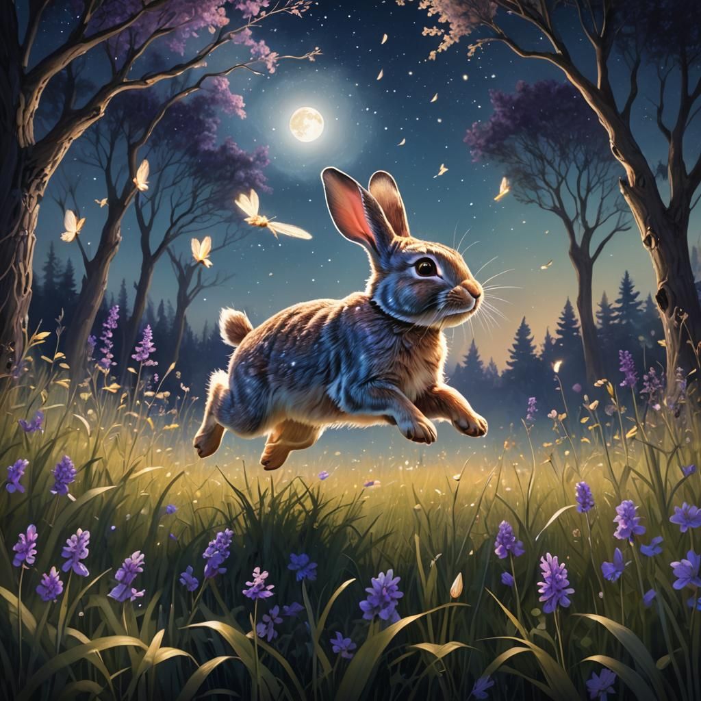 Rabbit Leaping Through Moonlit Meadow: Fantasy Concept Art