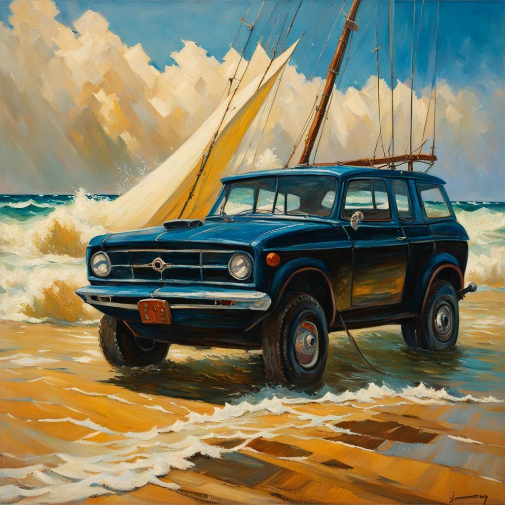 Sailboat in Stormy Seas with Sharks, Oil Painting