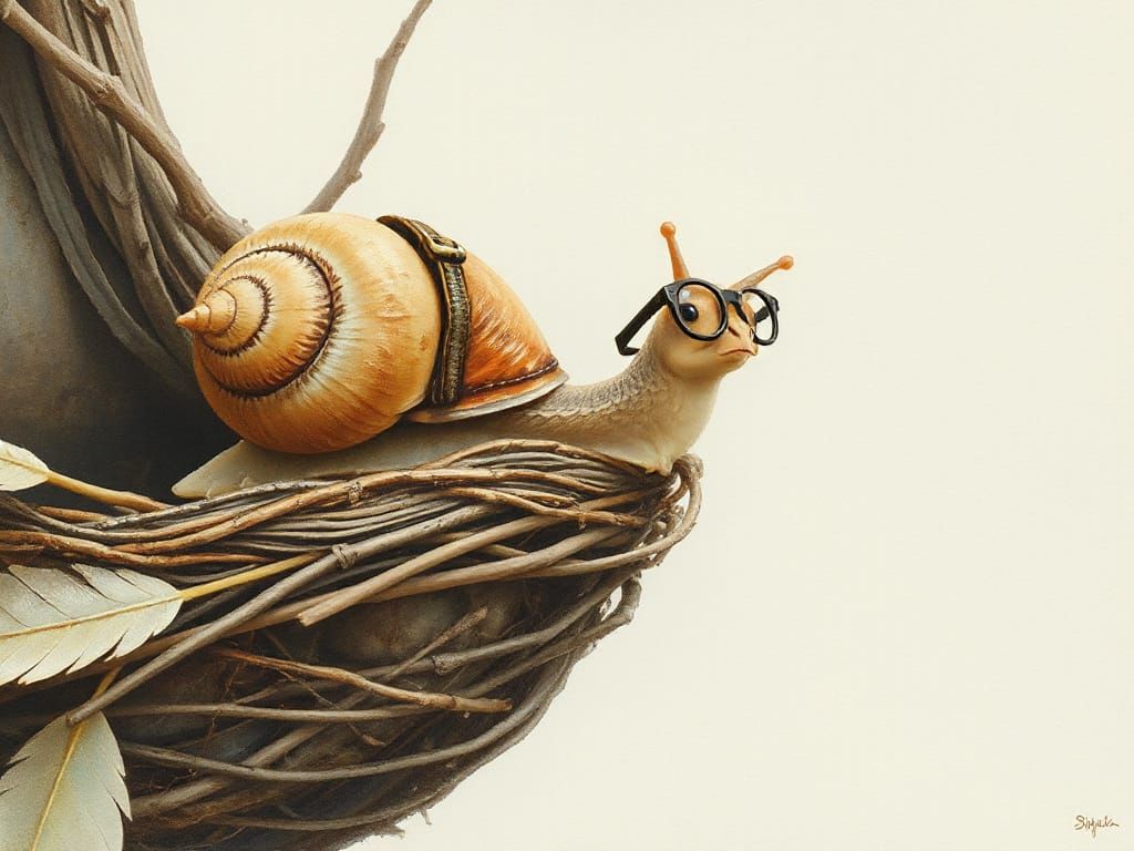Snail Detective and Bird Nest, Watercolor Style