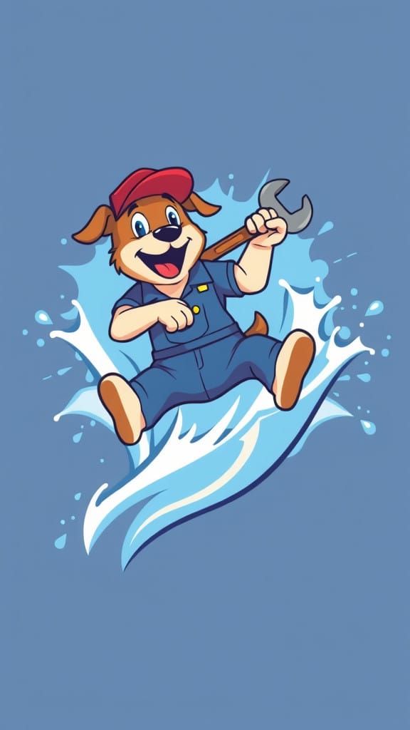 Plumber Dog in Action Logo, 2D Flat Style
