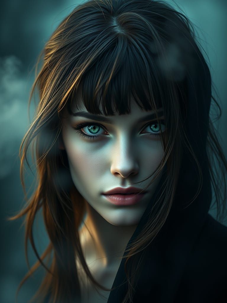 Brooding Woman with Emerald Eyes in Hyperrealistic Style