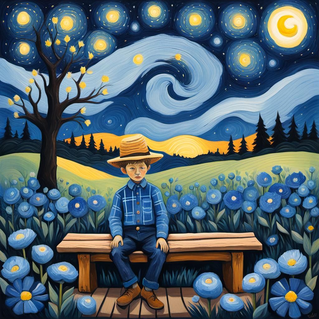 Boy Under Starry Sky in Gouache Style