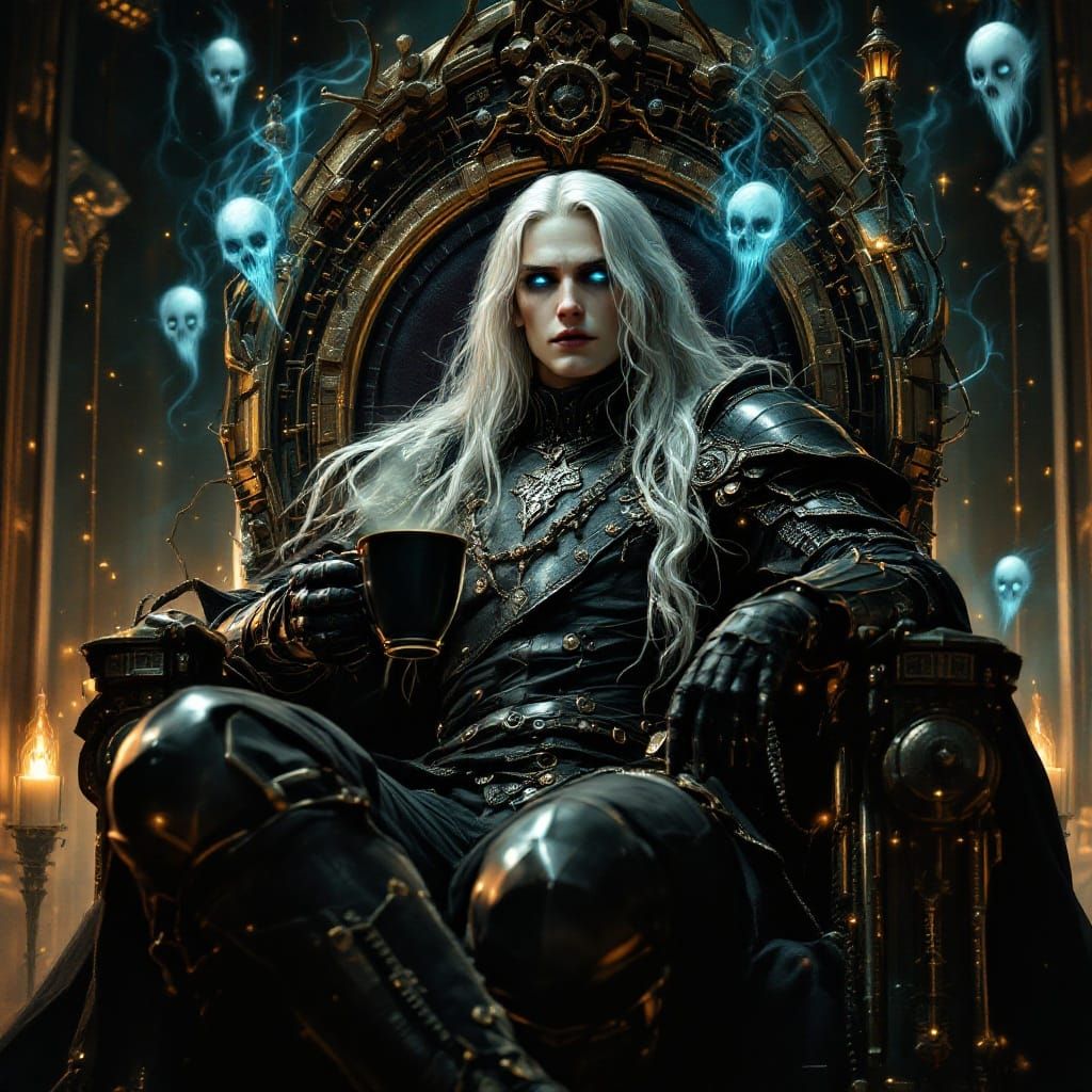 Gothic Knight on Steel Throne with Coffee