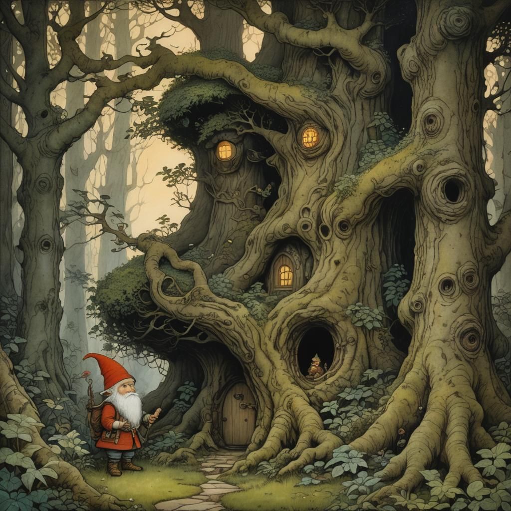 Enchanted Forest Gnome at Dawn as Oil Painting