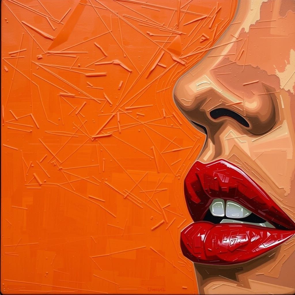 Vivid Red Lips Side Profile on Orange Background