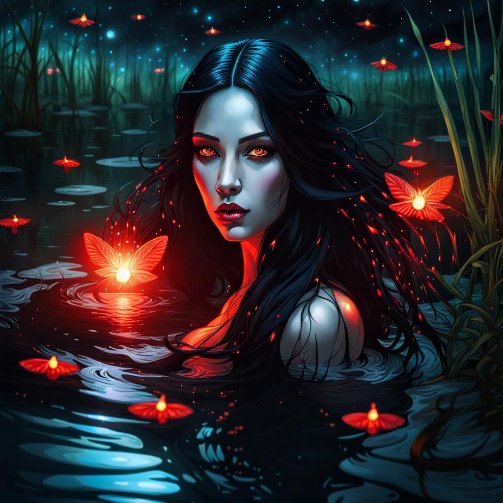 Ethereal Water Demon in Swamp: Horror Illustration
