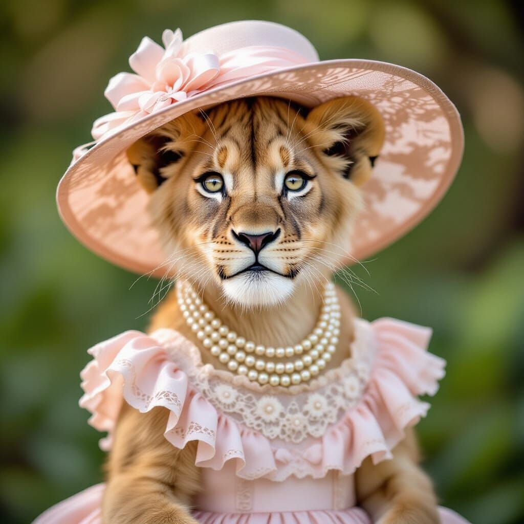Extremely cute and elegant pastel fierce lion. Wearing vinta...