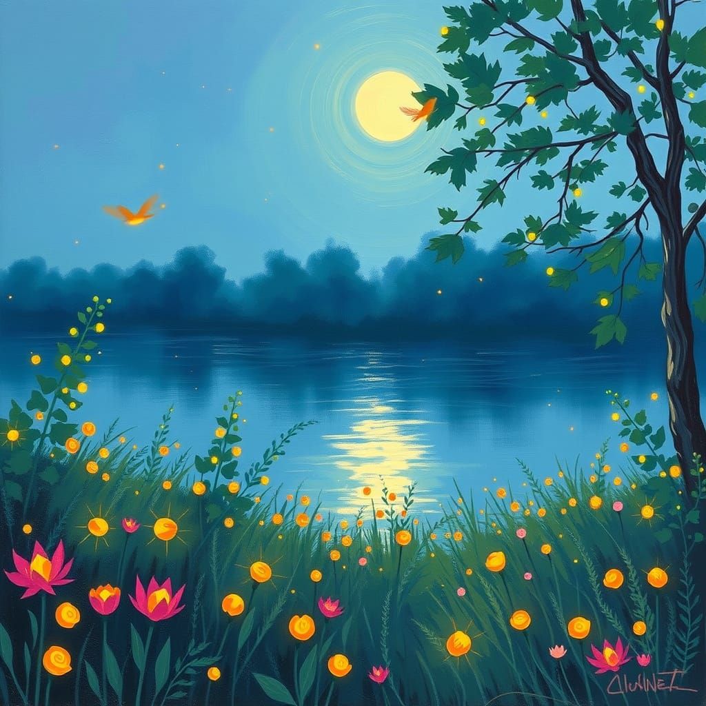 Impressionistic Summer Night with Fireflies