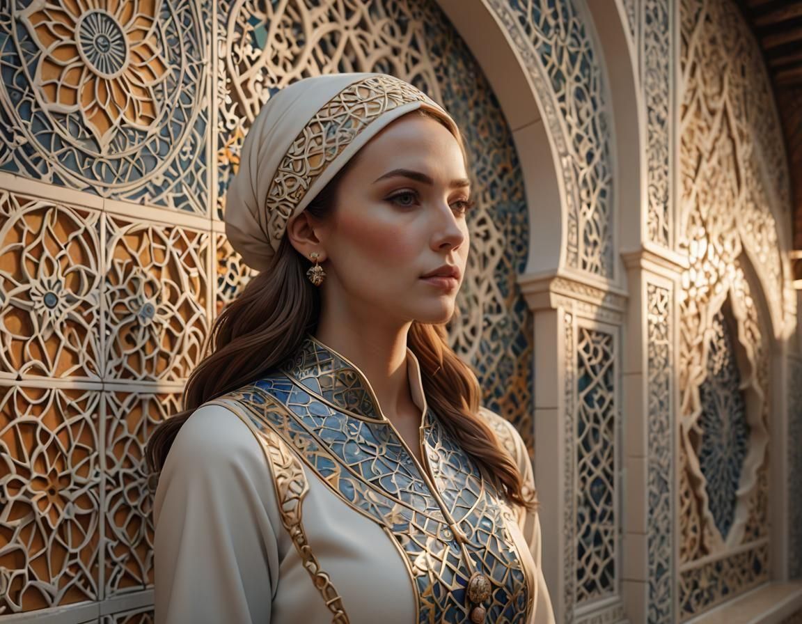 Porcelain Sculpture of Glamorous Woman with Tilework