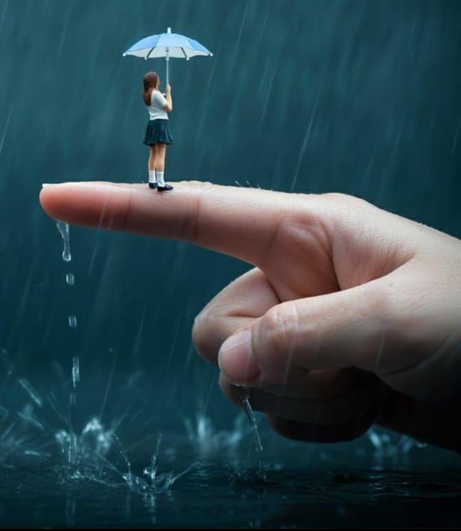 Miniature Girl in Rainstorm on Pointing Finger