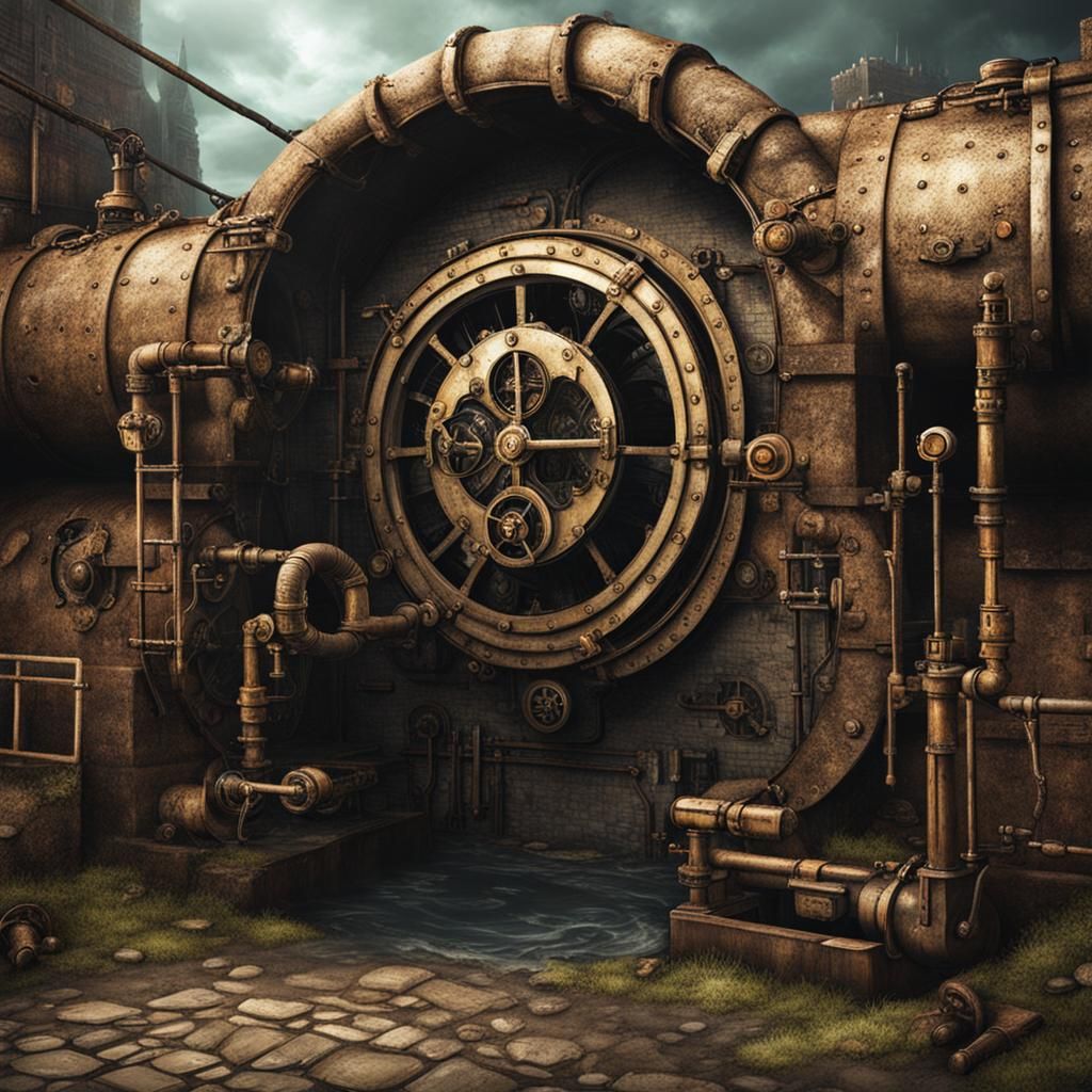 Steampunk Sewer Entrance with Intricate Engine
