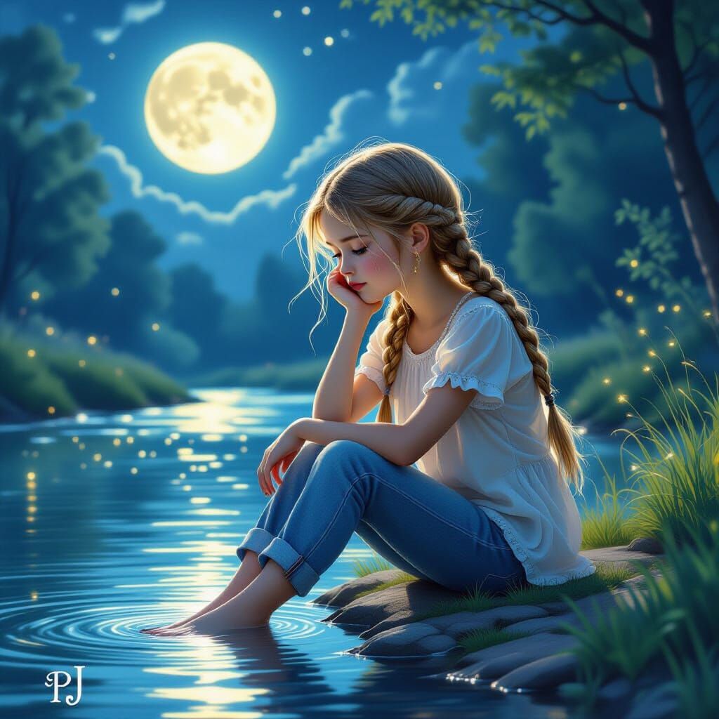 Dreamy Girl by Moonlit Riverbank in Luminous Style