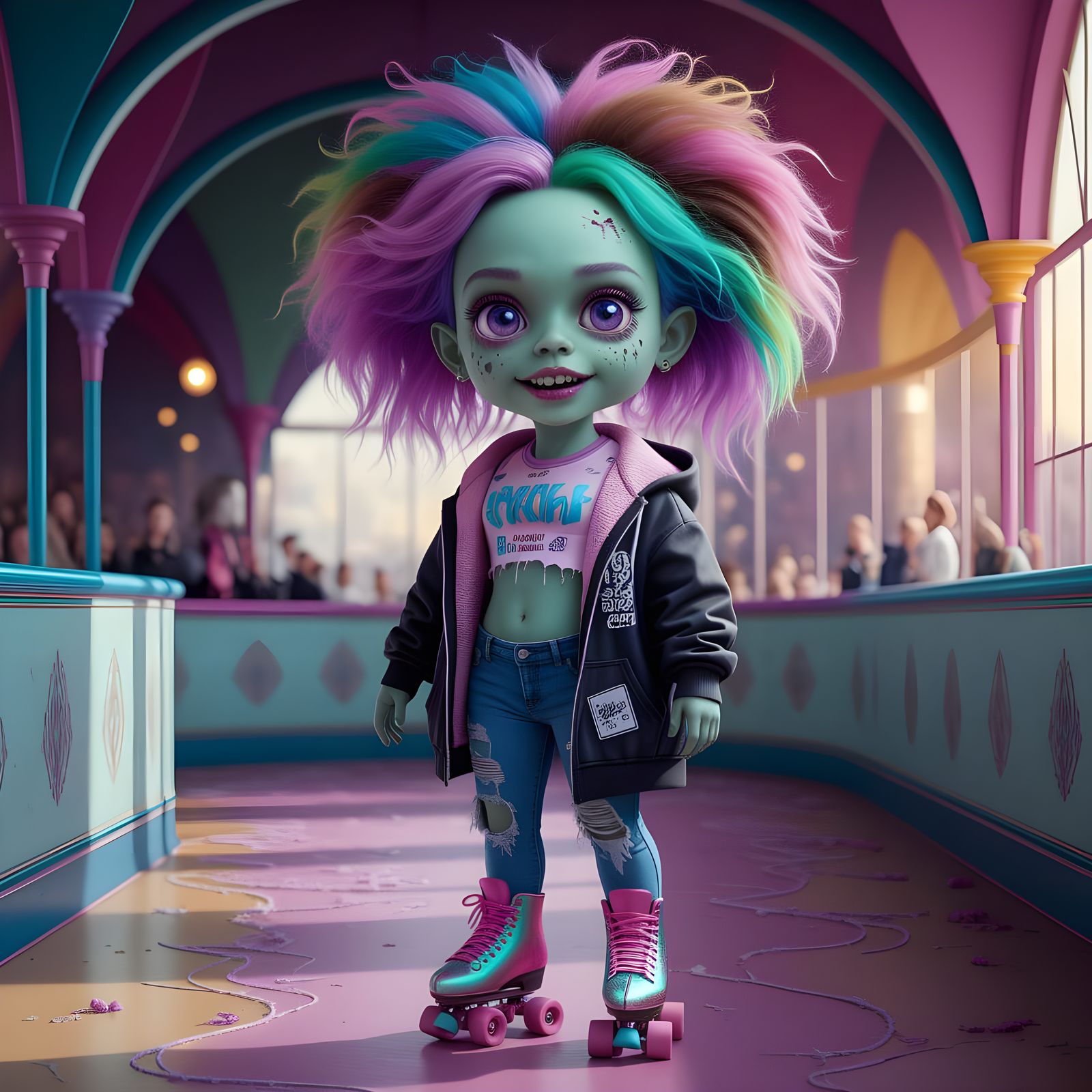 Whimsical Zombie Girl Skates in Dreamy Rink