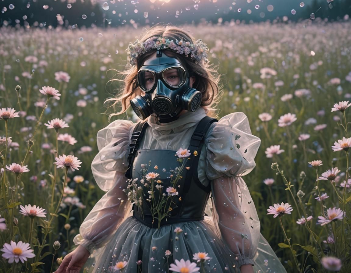 Princess with Gas Mask in Bioluminescent Meadow