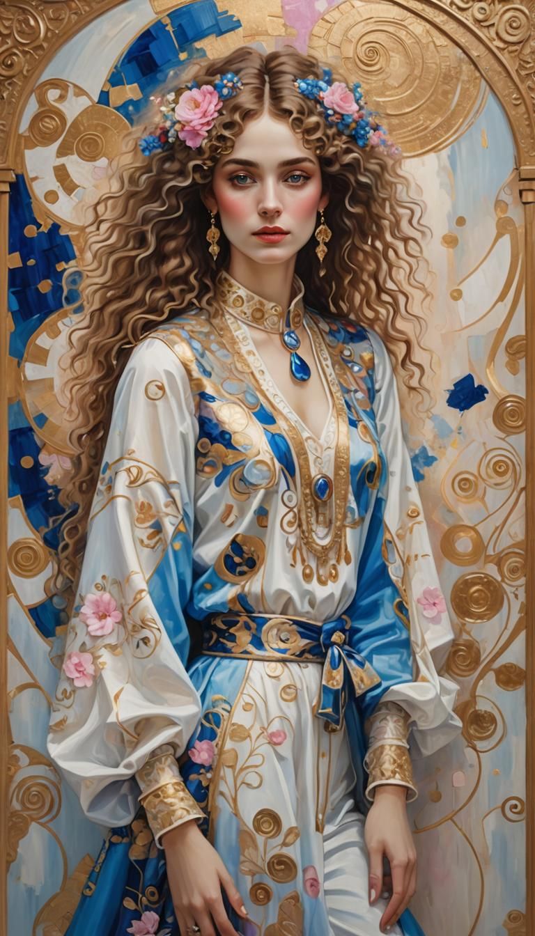 Elegant Woman in Klimt-Inspired Oil Painting