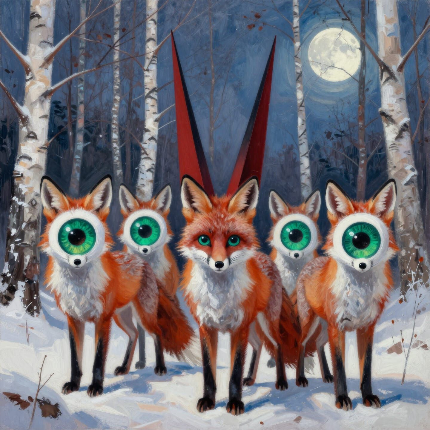 Impressionistic Foxes with Target Eyes in Moonlit Forest
