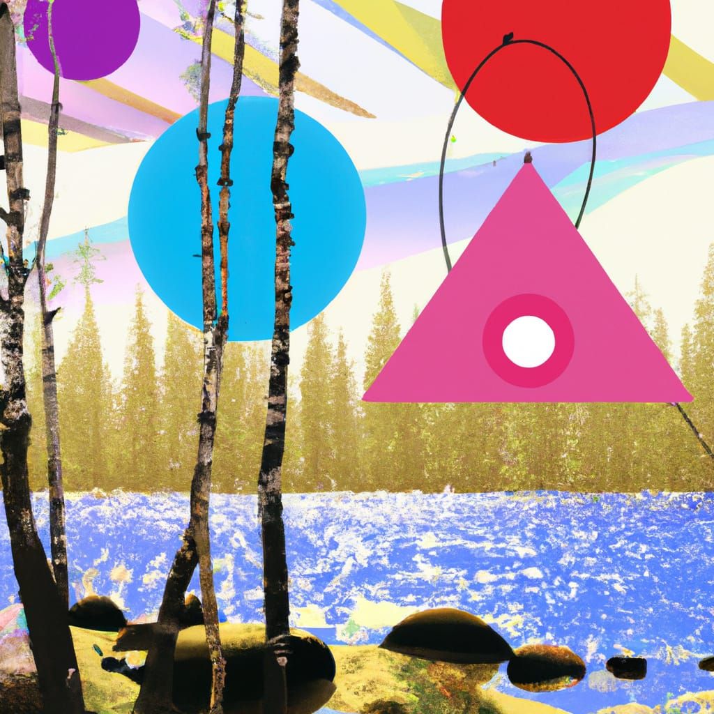 Geometric Lakeside Forest in Gongbi Painting Style