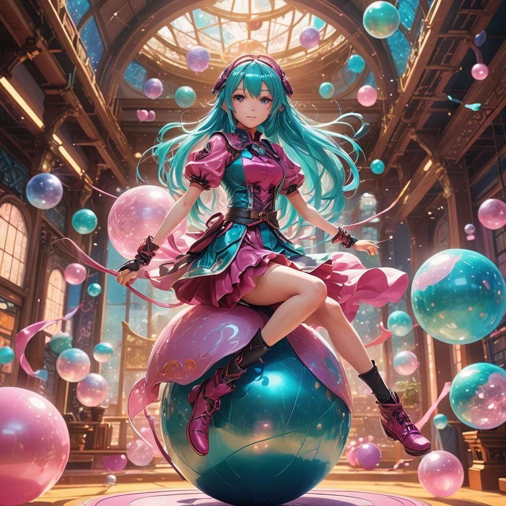 Anime Girl Rides Exercise Ball in Dreamy Landscape