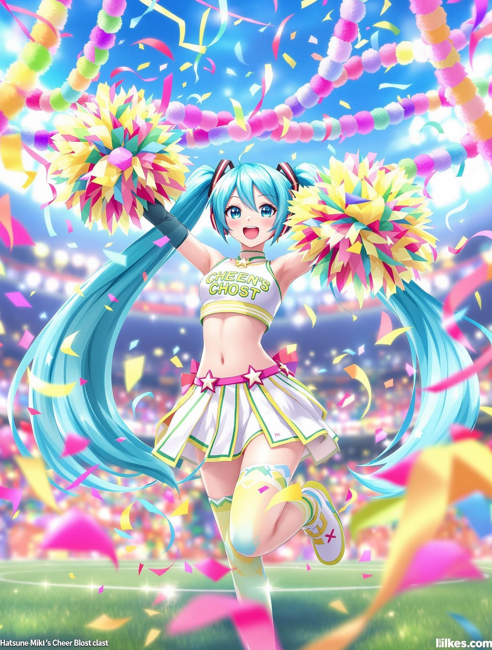 Hatsune Miku Cheerleader in Vibrant Confetti Scene