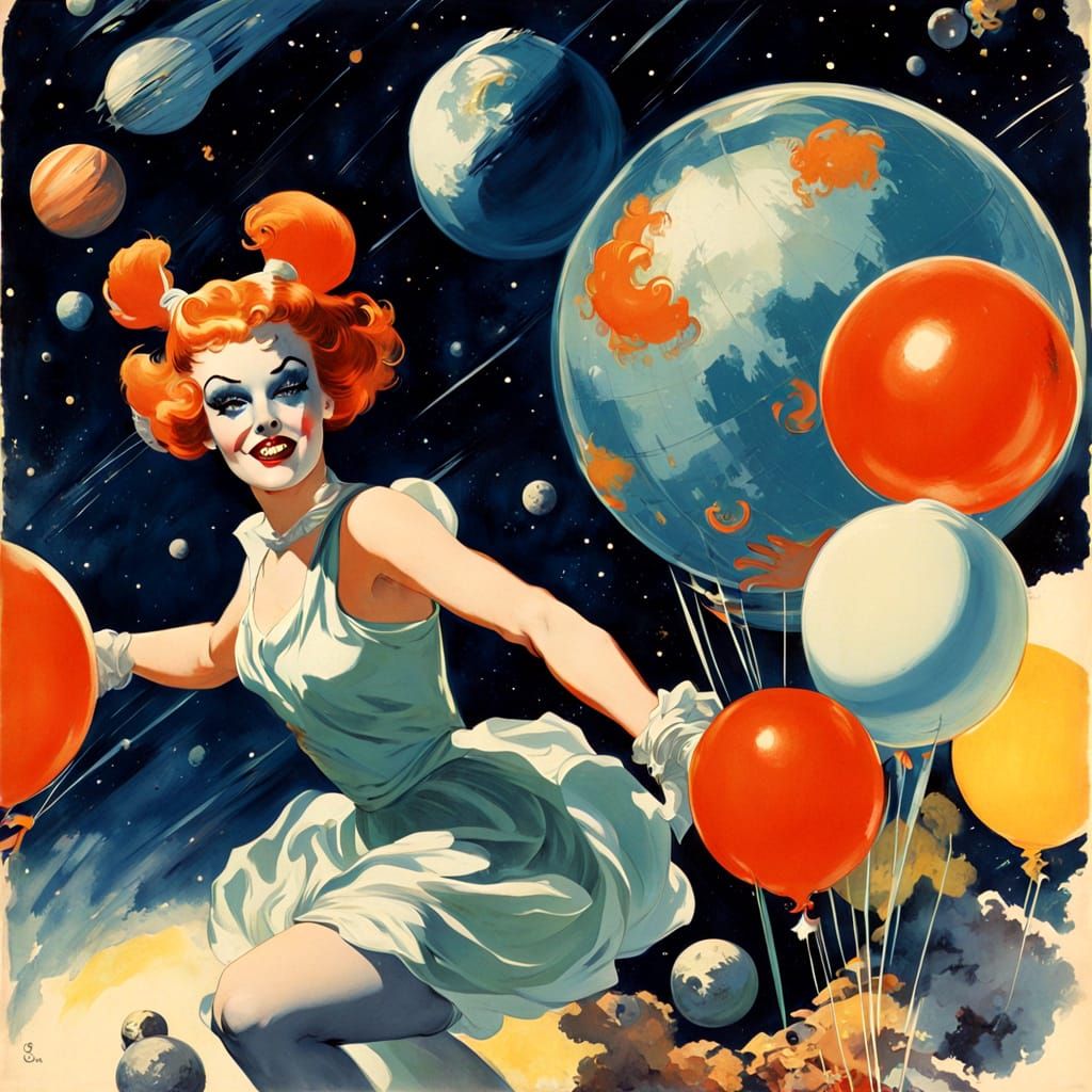 Clowns Frolic in Outer Space: Vintage Art