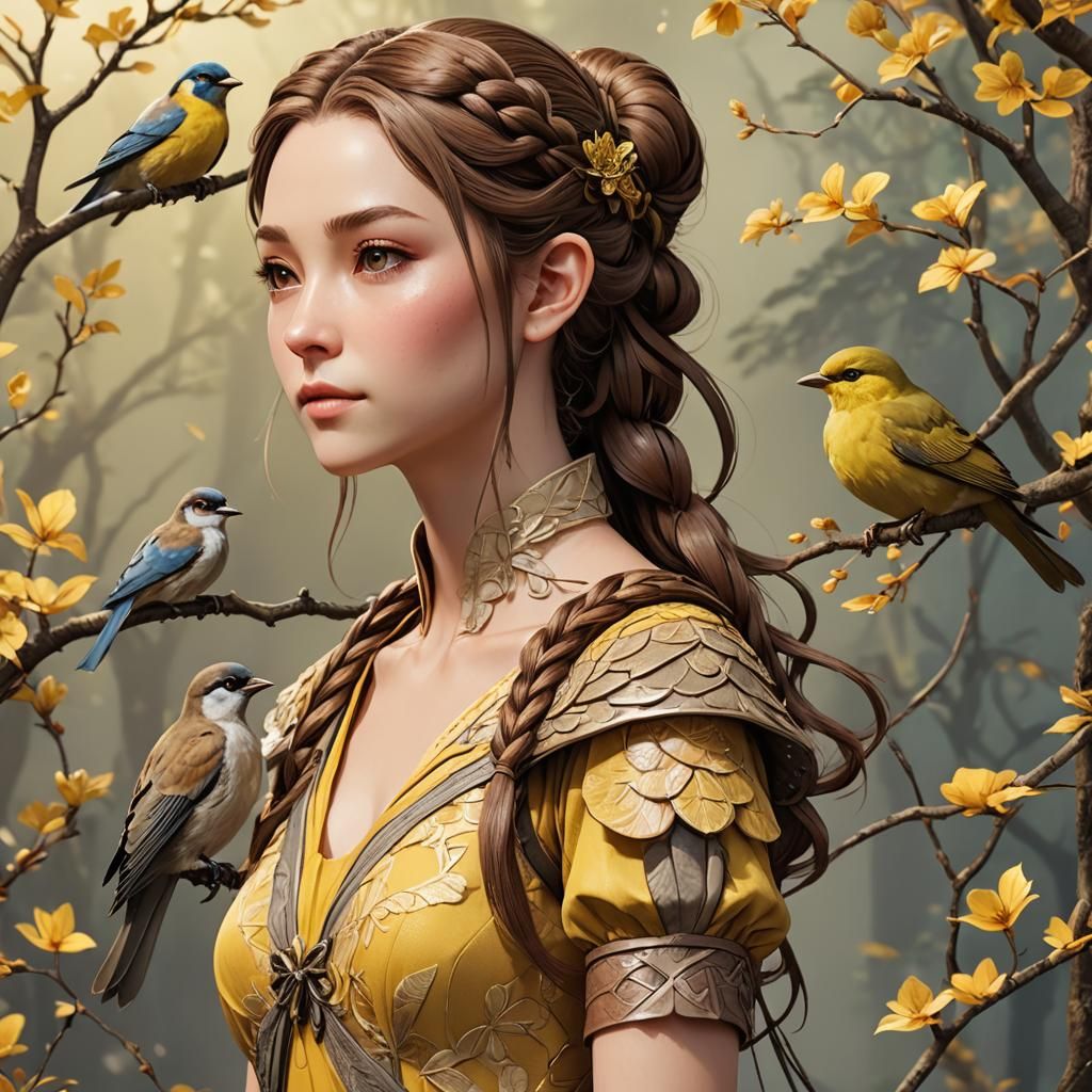 Elven Woman Portrait with Bird in Anime Style