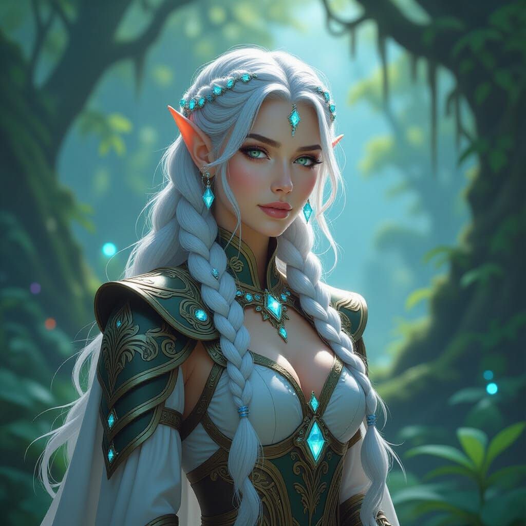 Noble Elven Woman in Bioluminescent Forest