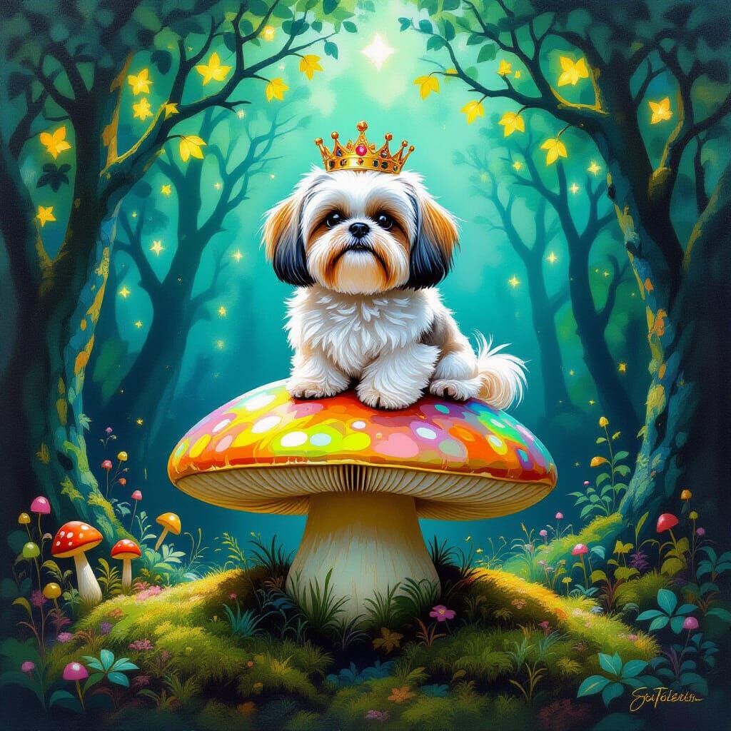 Shih-Tzu Dog in Crown on Mushroom, Whimsical Forest Oil Pain...