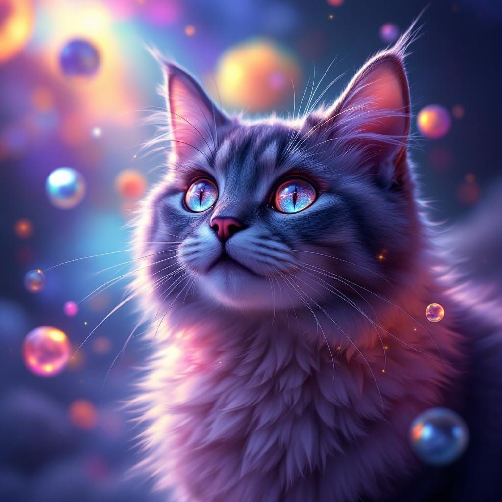 Dreamlike Cat Portrait with Glowing Eyes, Fantasy Art