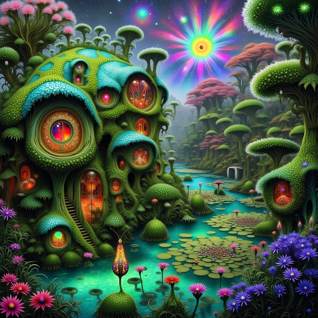 Surreal Eco-House with Iridescent Butterflies in a Cosmic Ga...