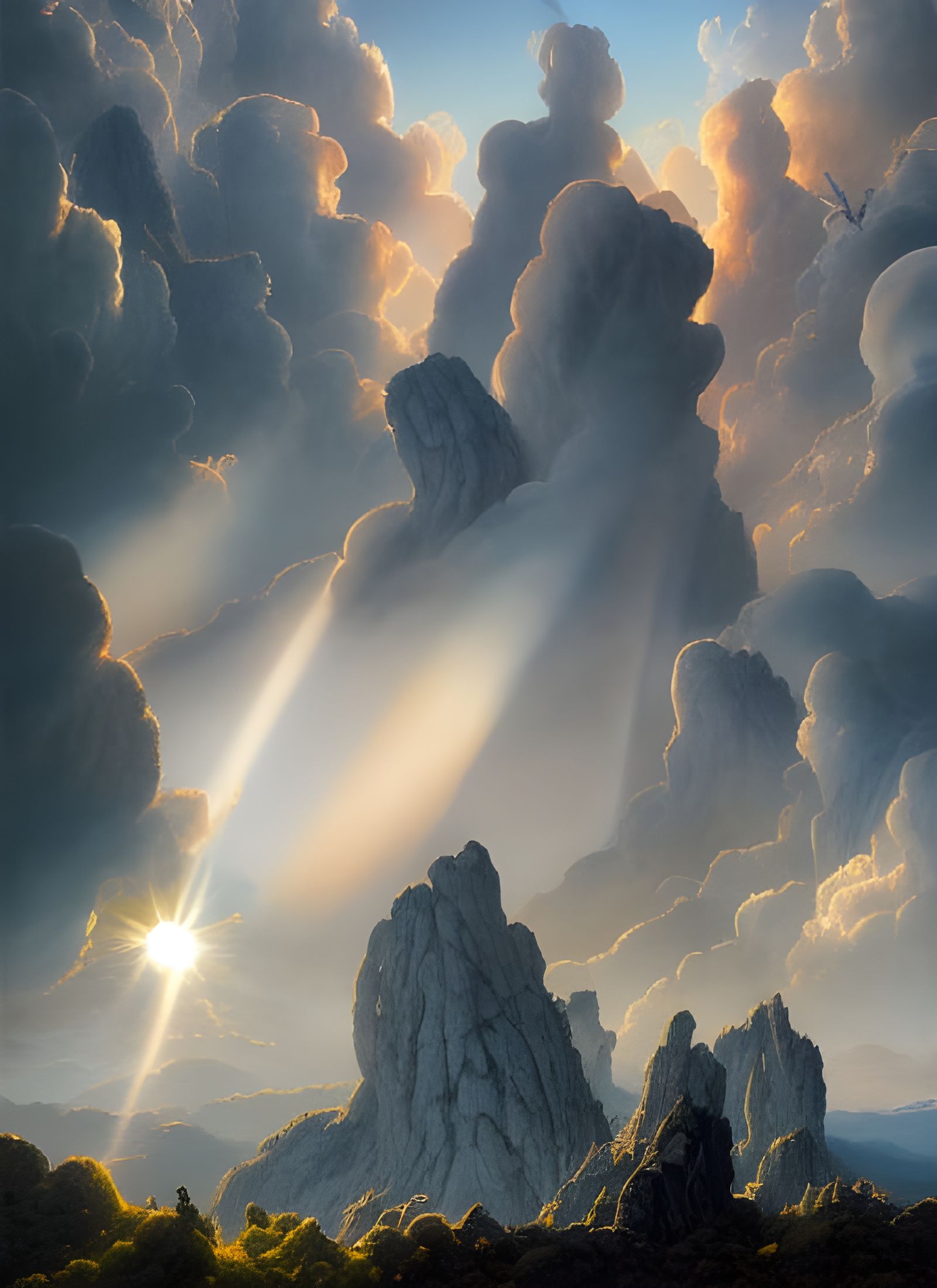 Breathtaking Mountain Vista with God Rays, Surreal Style