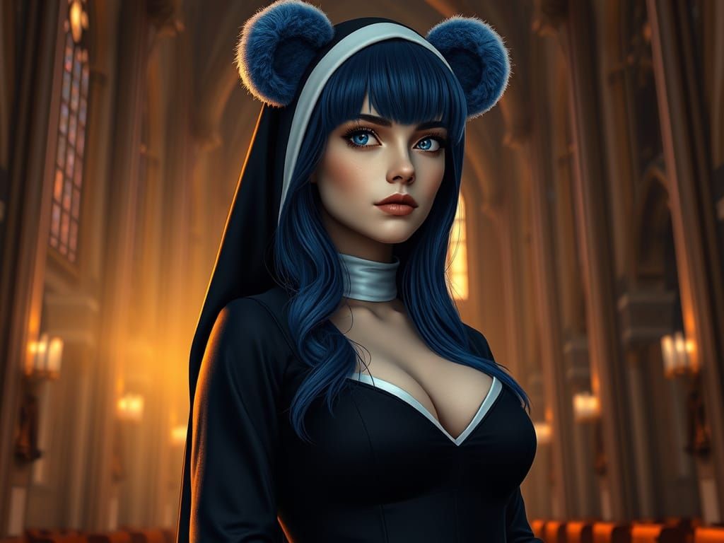 Blue-Haired Nun Praying in Cathedral: Digital Art