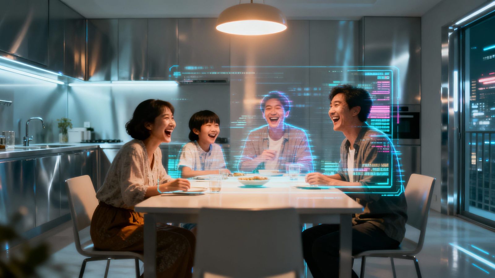 Holographic Family Laughs in Futuristic Neo-Tokyo Apartment