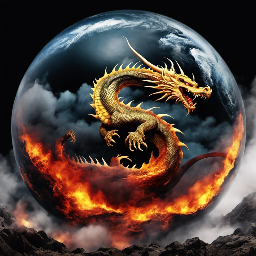 Cloudy Dragon surrounding burning geomorphological Earth outside off its Sphere :: gigantic sea Monster out of the empty...