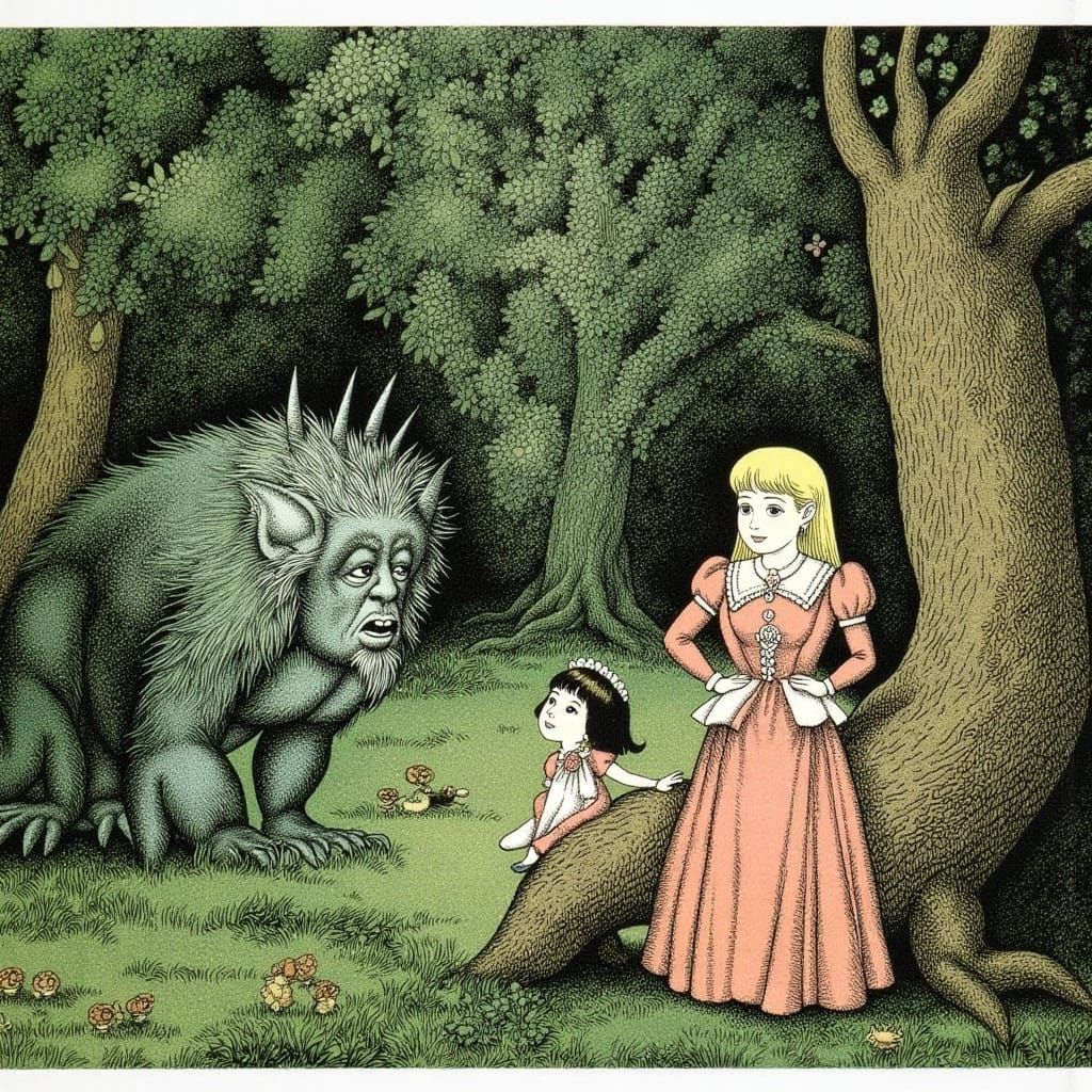Princess and Troll in Forest, Hans Arnold Style