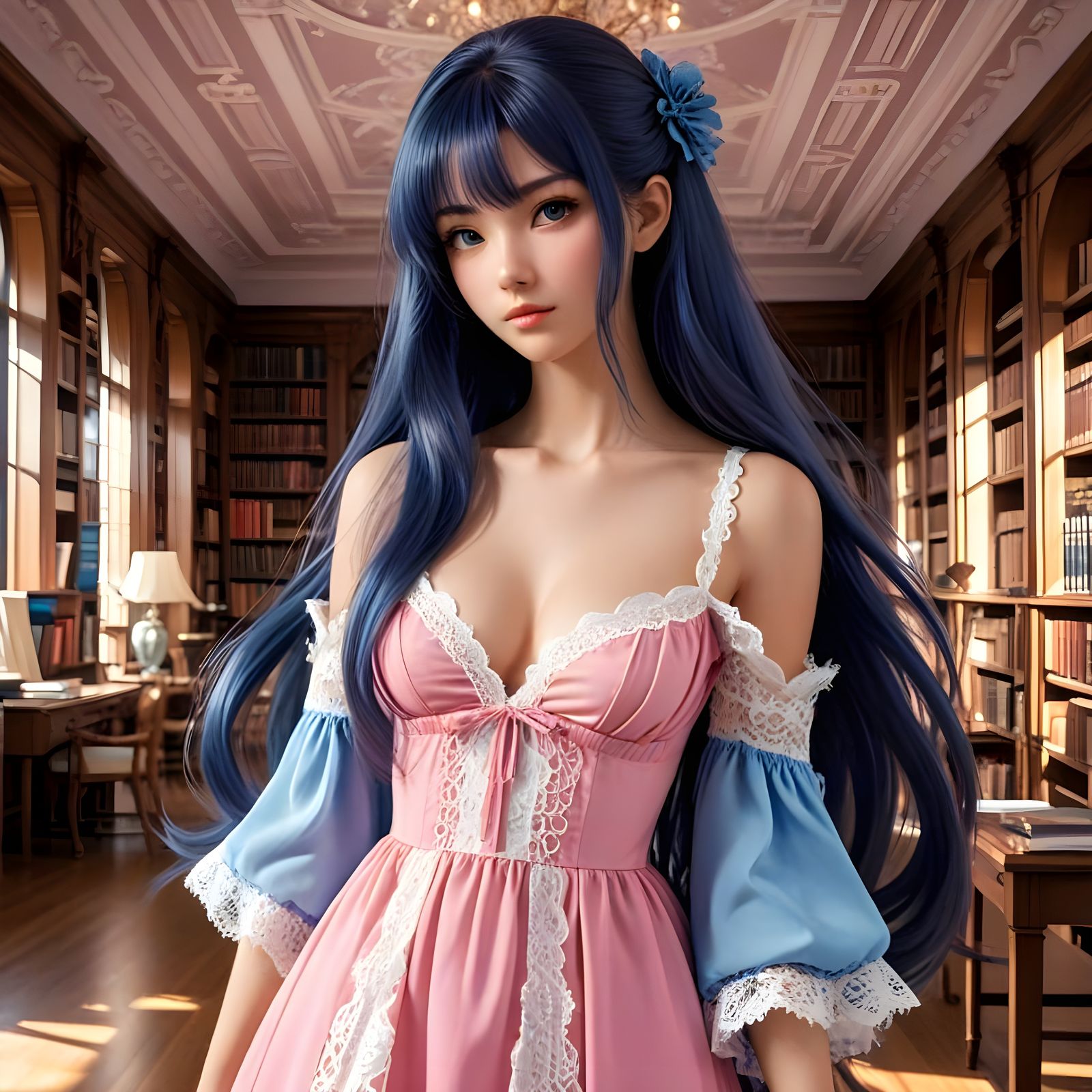 Elegant Anime Woman in Babydoll Dress Surrounded by Library...
