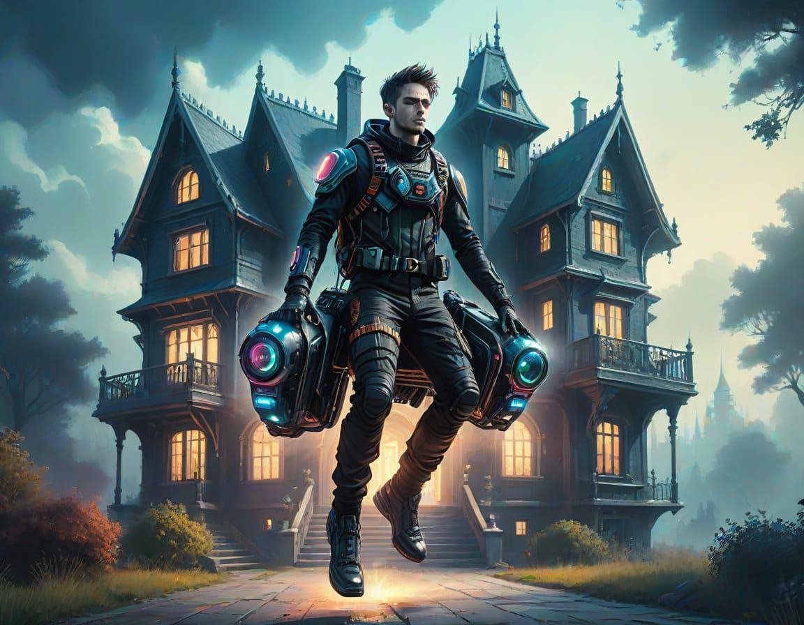 Gothic Hero Rides Jetpack to a Dreamy Future