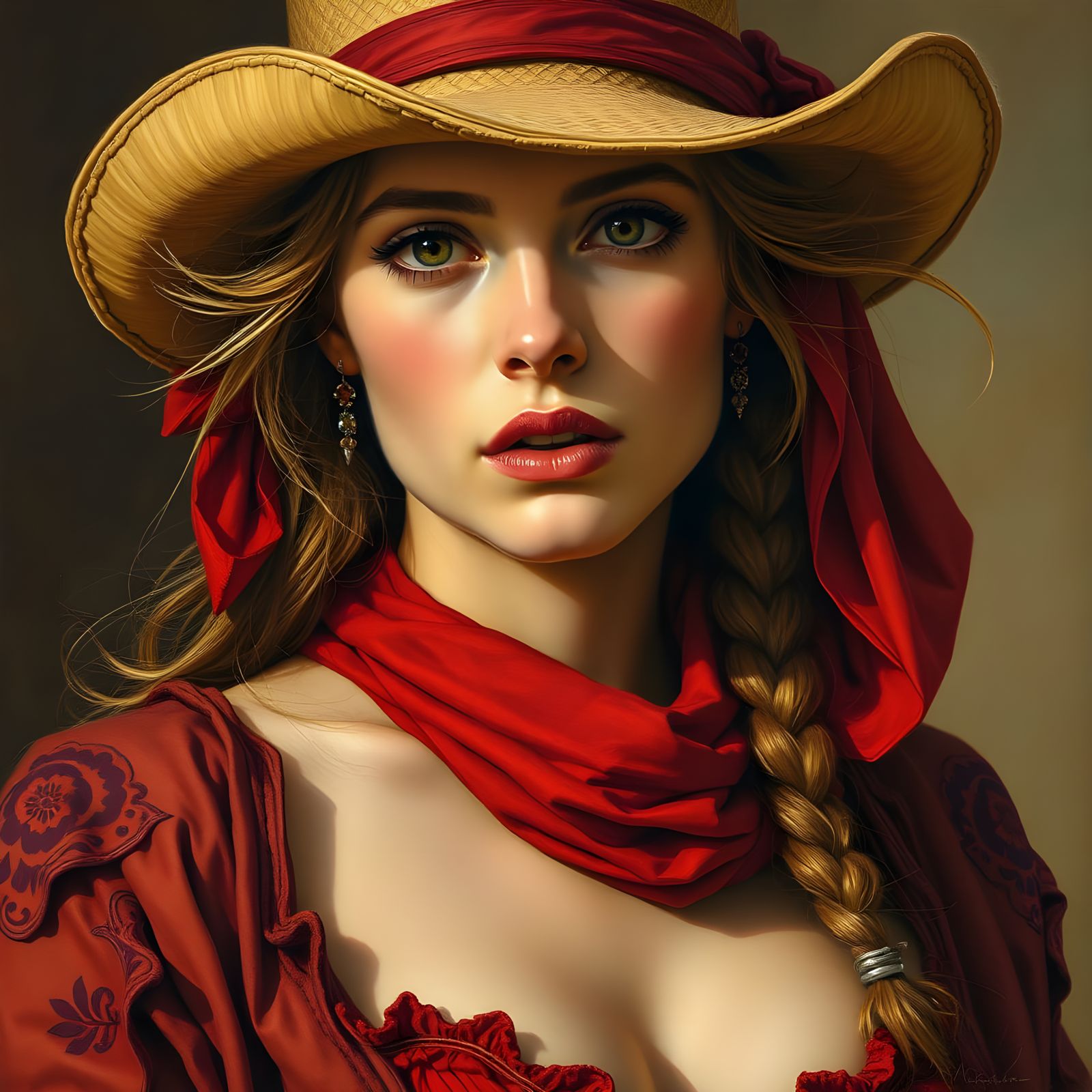 Sultry 1880s Cowgirl in Crimson Brocade, High-Resolution Por...
