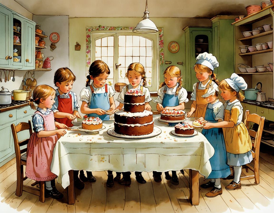 Children Baking a Cake in a Whimsical Kitchen Scene