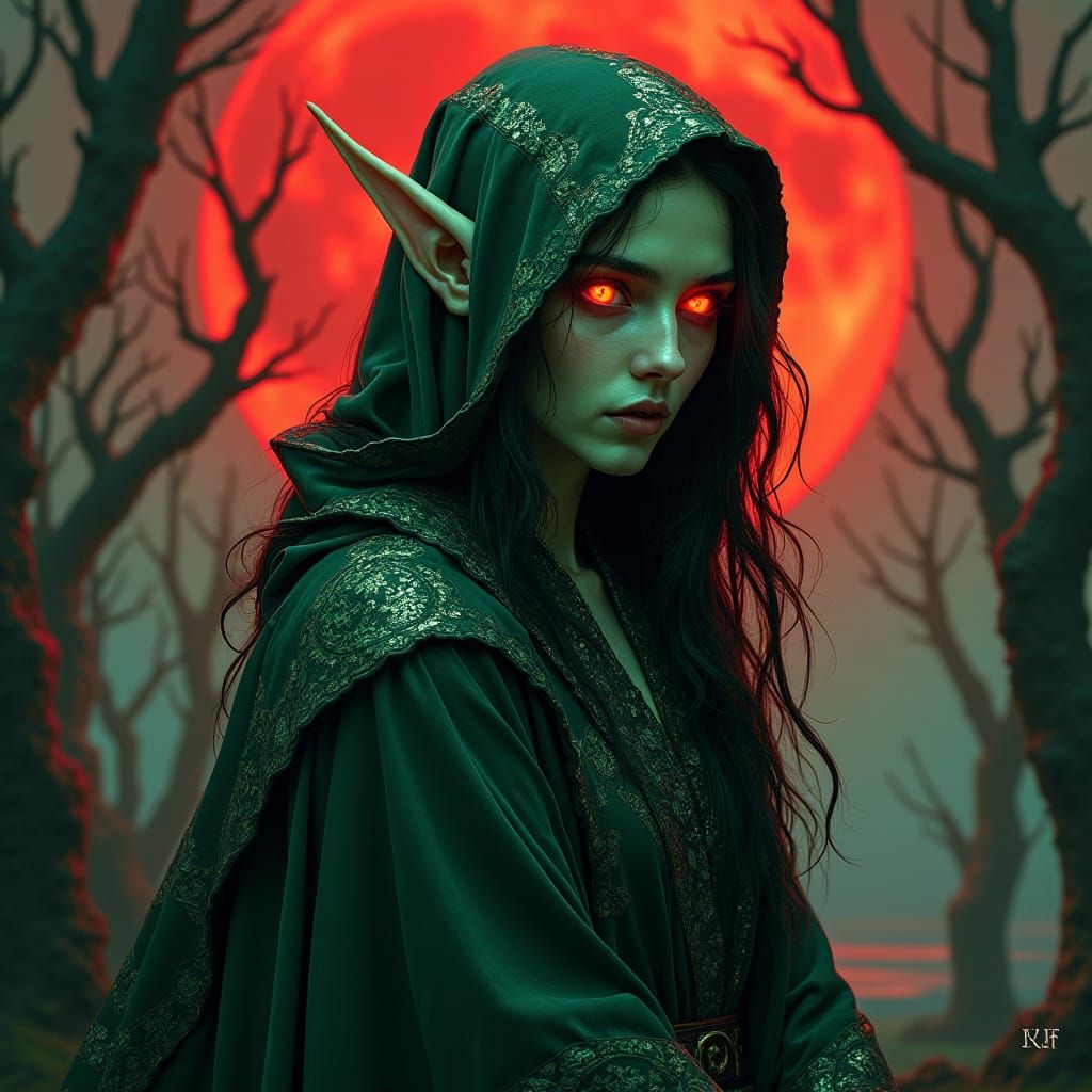 Eerie Dark Elf in Gothic Horror Landscape