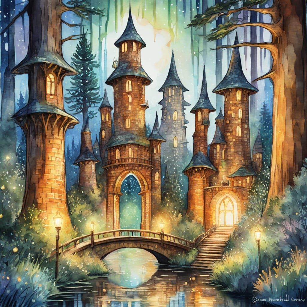 Impressionist Towers Connected by Arches in Forest