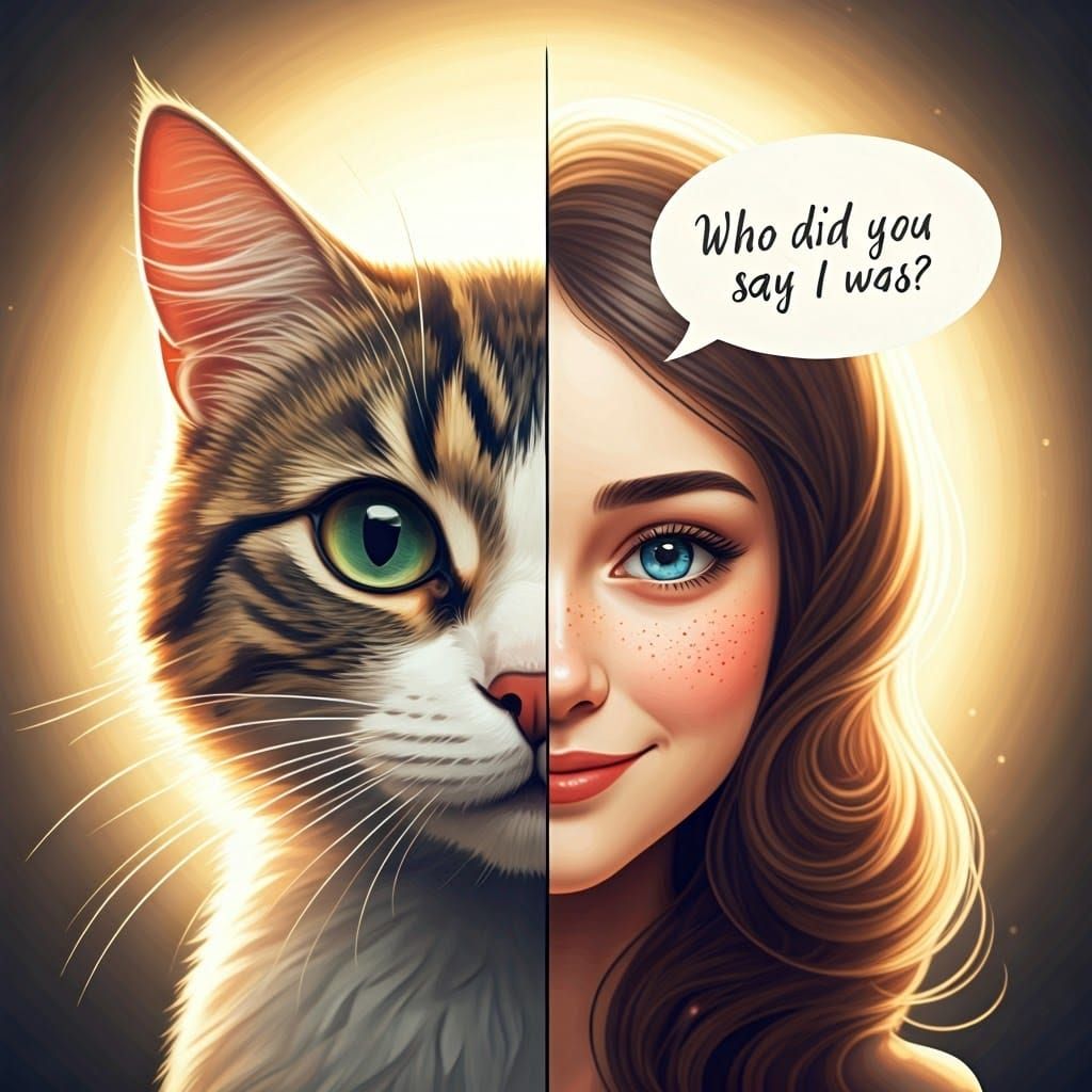 Ethereal Cat Transformation into Woman with Speech Balloon