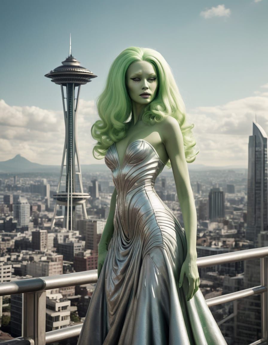 Curvaceous Alien Beauty in Retro-Futuristic Cityscape